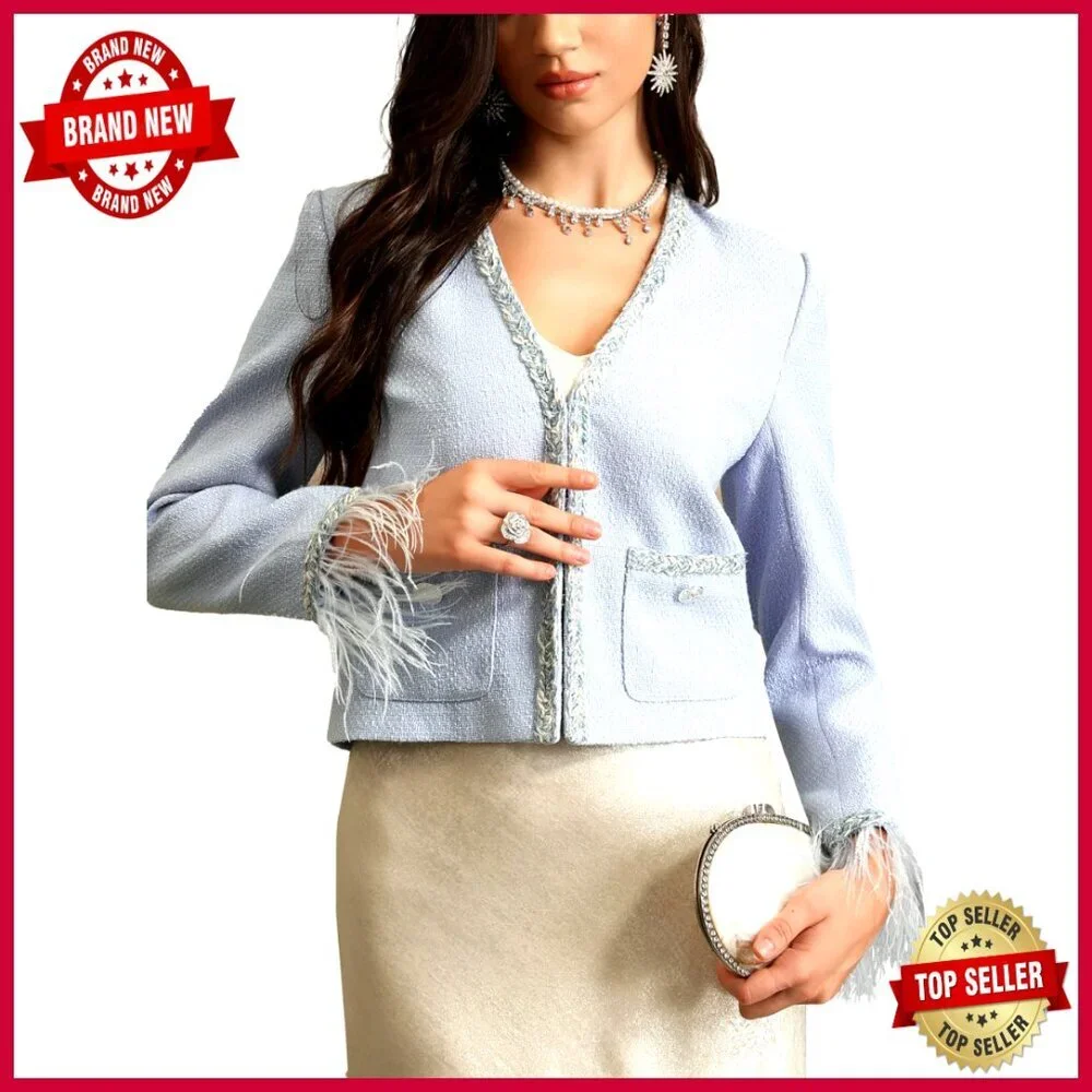 Tweed Cropped Blazer with Feather Trim, V-Neck, Pockets, Long Sleeve